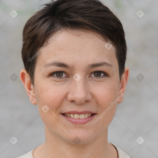 Joyful white young-adult female with short  brown hair and brown eyes