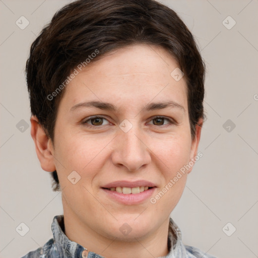 Joyful white young-adult female with short  brown hair and grey eyes