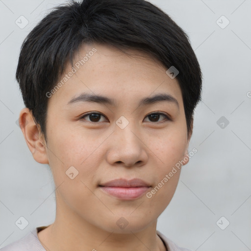 Joyful asian young-adult female with short  brown hair and brown eyes