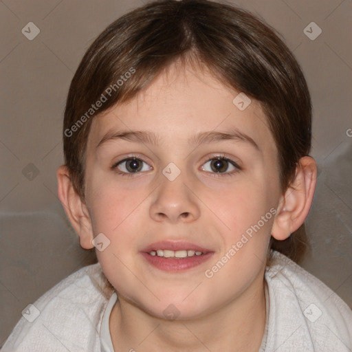 Joyful white child female with medium  brown hair and brown eyes