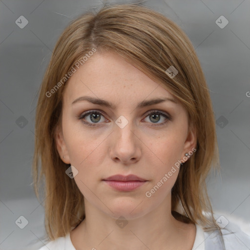 Neutral white young-adult female with medium  brown hair and brown eyes