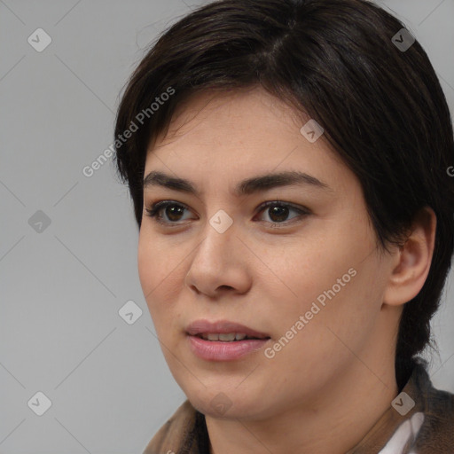 Joyful white young-adult female with medium  brown hair and brown eyes