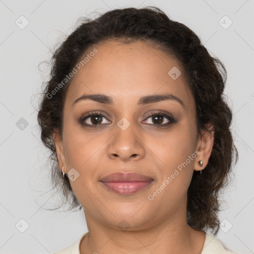 Joyful latino young-adult female with medium  brown hair and brown eyes