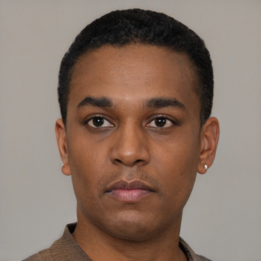 Neutral black young-adult male with short  black hair and brown eyes