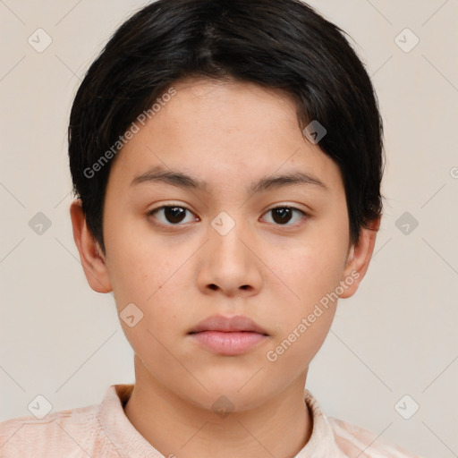 Neutral white young-adult female with short  brown hair and brown eyes