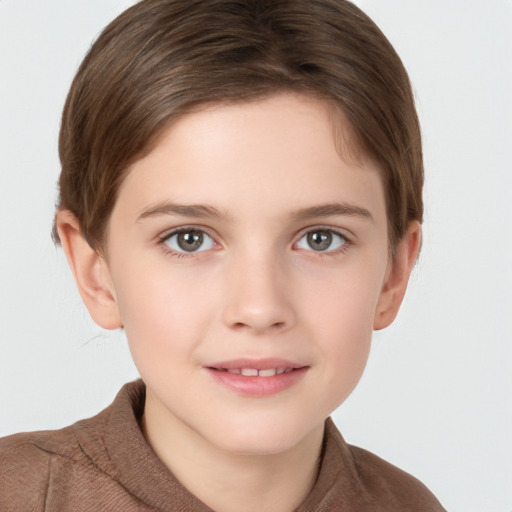 Joyful white child female with short  brown hair and brown eyes