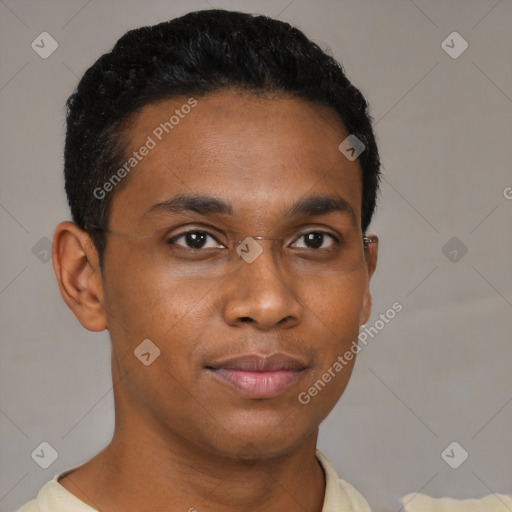Neutral black young-adult male with short  black hair and brown eyes