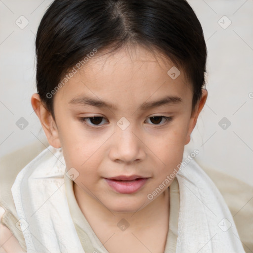 Joyful white child female with medium  brown hair and brown eyes