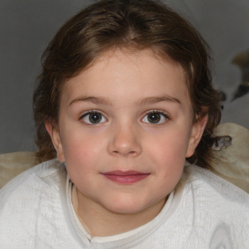 Joyful white child female with medium  brown hair and blue eyes