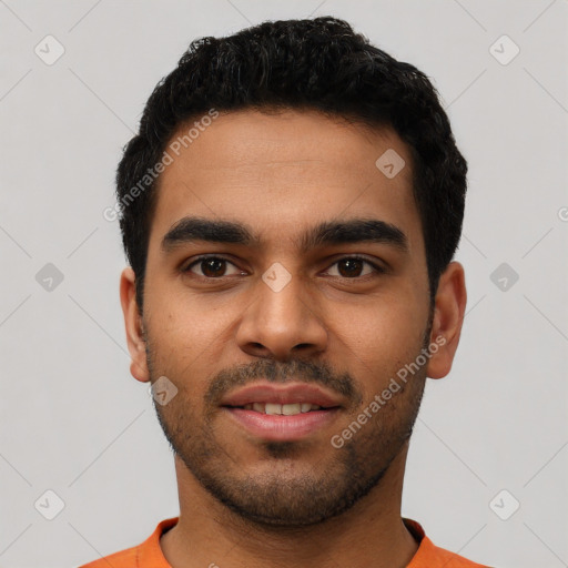 Neutral latino young-adult male with short  black hair and brown eyes