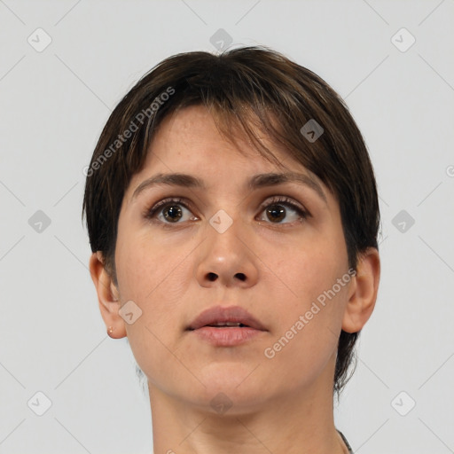 Neutral white young-adult female with short  brown hair and brown eyes