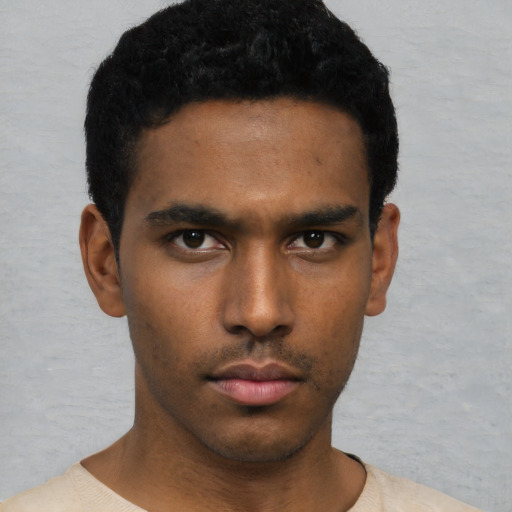 Neutral black young-adult male with short  black hair and brown eyes