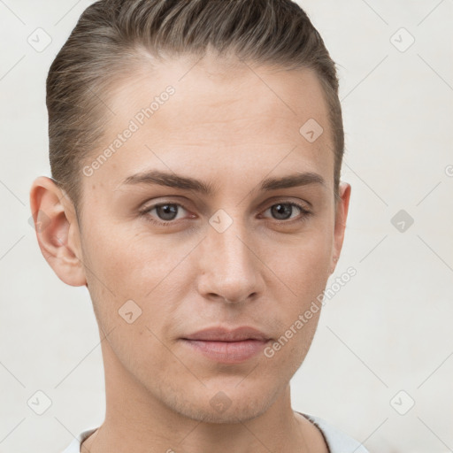 Neutral white young-adult male with short  brown hair and grey eyes