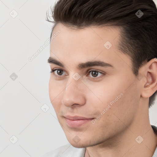 Neutral white young-adult male with short  brown hair and brown eyes