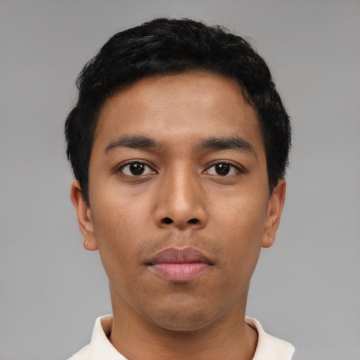 Neutral asian young-adult male with short  black hair and brown eyes