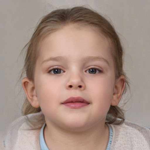 Neutral white child female with medium  brown hair and blue eyes