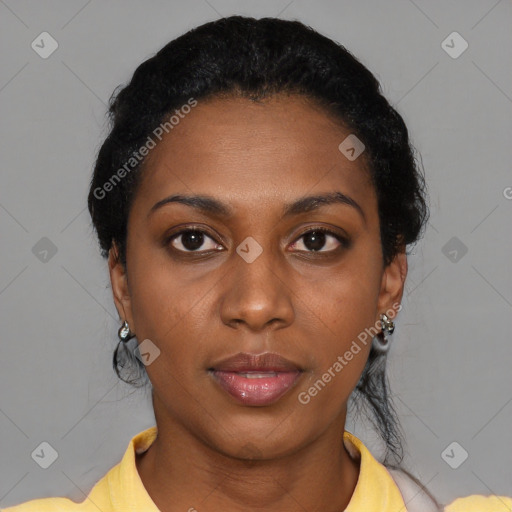 Neutral black young-adult female with short  black hair and brown eyes