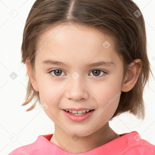 Joyful white child female with medium  brown hair and brown eyes