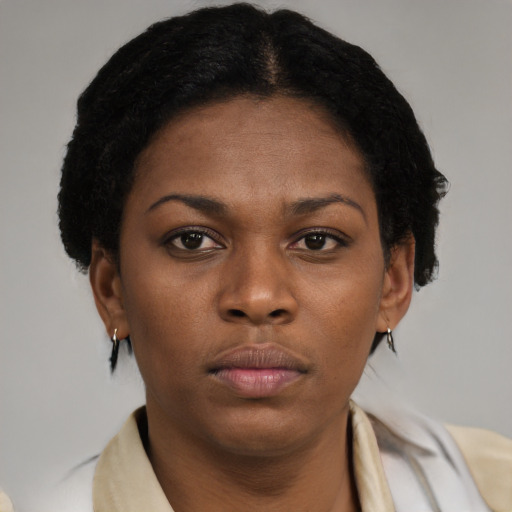 Neutral black adult female with short  brown hair and brown eyes
