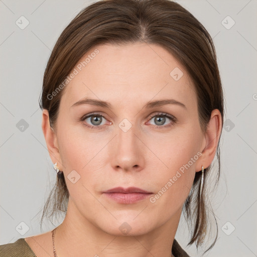 Neutral white young-adult female with medium  brown hair and grey eyes