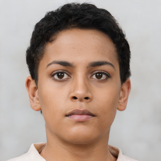 Neutral latino young-adult female with short  brown hair and brown eyes