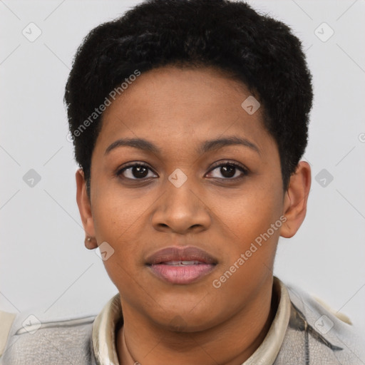 Joyful latino young-adult female with short  black hair and brown eyes