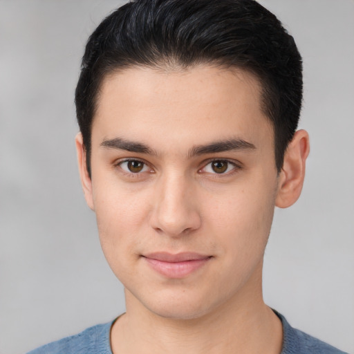 Joyful white young-adult male with short  brown hair and brown eyes