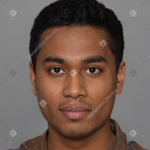 Neutral black young-adult male with short  black hair and brown eyes