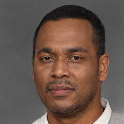 Neutral black adult male with short  black hair and brown eyes