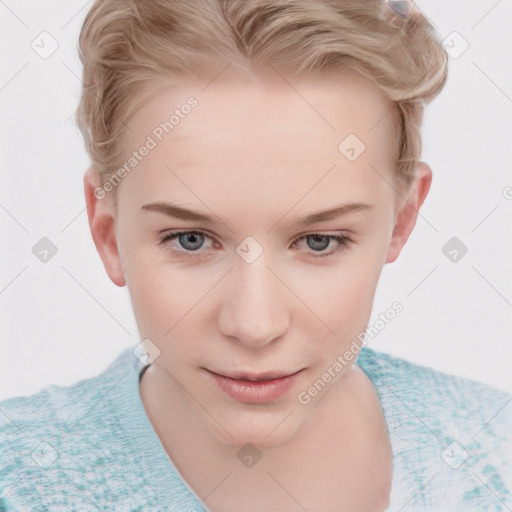 Joyful white young-adult female with short  brown hair and blue eyes