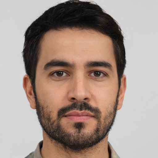 Neutral latino young-adult male with short  black hair and brown eyes