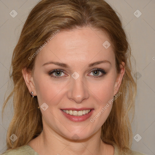 Joyful white young-adult female with medium  brown hair and blue eyes