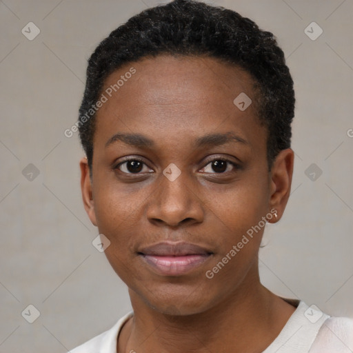 Neutral black young-adult female with short  black hair and brown eyes