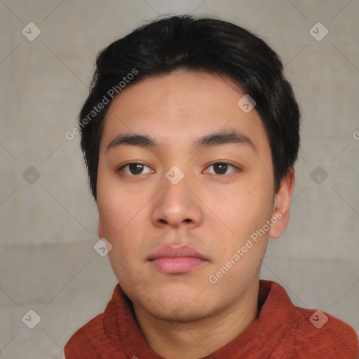 Neutral asian young-adult male with short  black hair and brown eyes