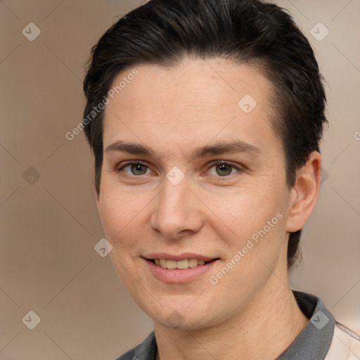 Joyful white young-adult female with short  brown hair and brown eyes