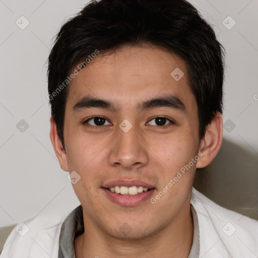 Joyful white young-adult male with short  black hair and brown eyes