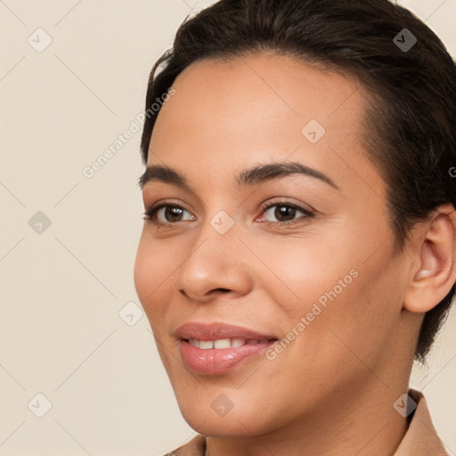 Joyful white young-adult female with short  brown hair and brown eyes