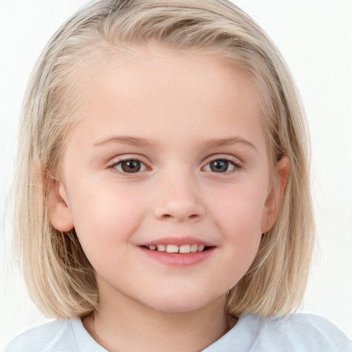 Joyful white child female with medium  blond hair and blue eyes