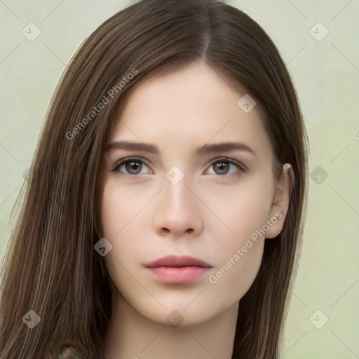 Neutral white young-adult female with long  brown hair and brown eyes