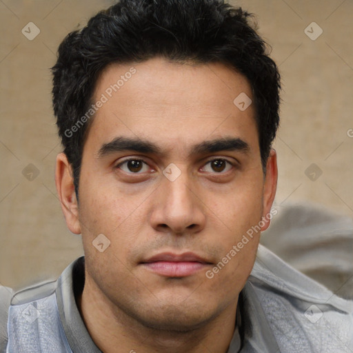 Neutral asian young-adult male with short  black hair and brown eyes