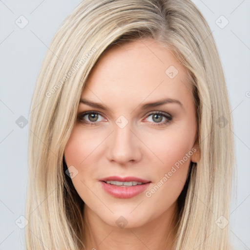 Joyful white young-adult female with long  brown hair and grey eyes