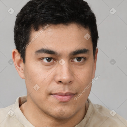 Neutral latino young-adult male with short  brown hair and brown eyes