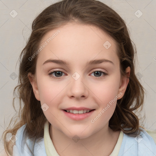 Joyful white child female with medium  brown hair and brown eyes