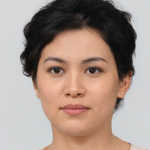 Neutral asian young-adult female with medium  brown hair and brown eyes