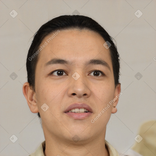 Neutral latino adult male with short  black hair and brown eyes