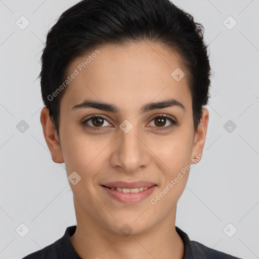 Joyful white young-adult female with short  brown hair and brown eyes