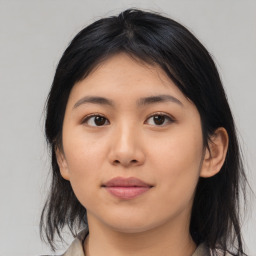 Neutral asian young-adult female with medium  brown hair and brown eyes