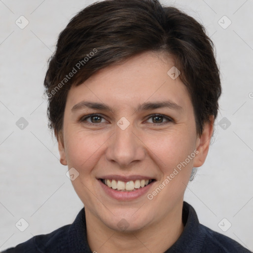 Joyful white young-adult female with short  brown hair and brown eyes