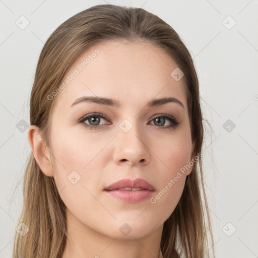 Neutral white young-adult female with long  brown hair and grey eyes