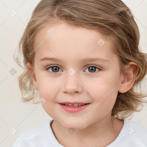 Joyful white child female with medium  brown hair and brown eyes